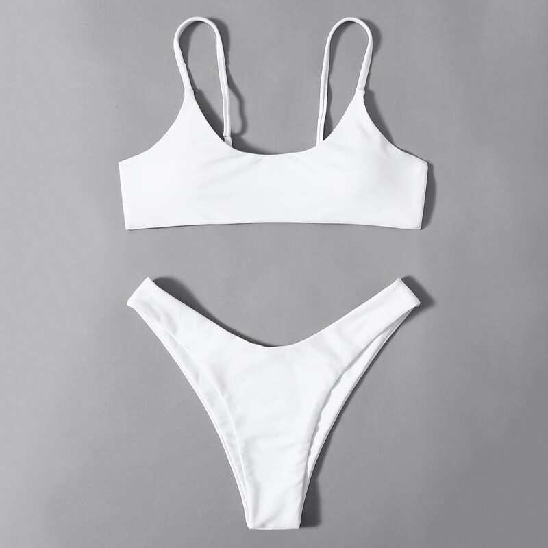 

Solid High Cut Bikini Swimsuit, White