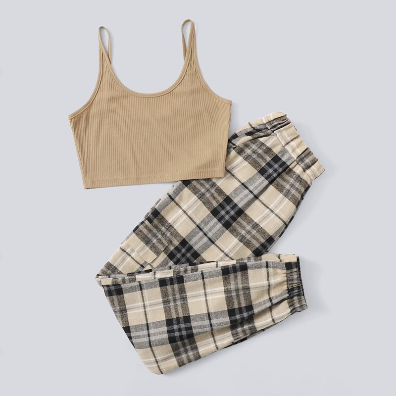 

Solid Ribbed Crop Cami & Plaid Pants, Multicolor