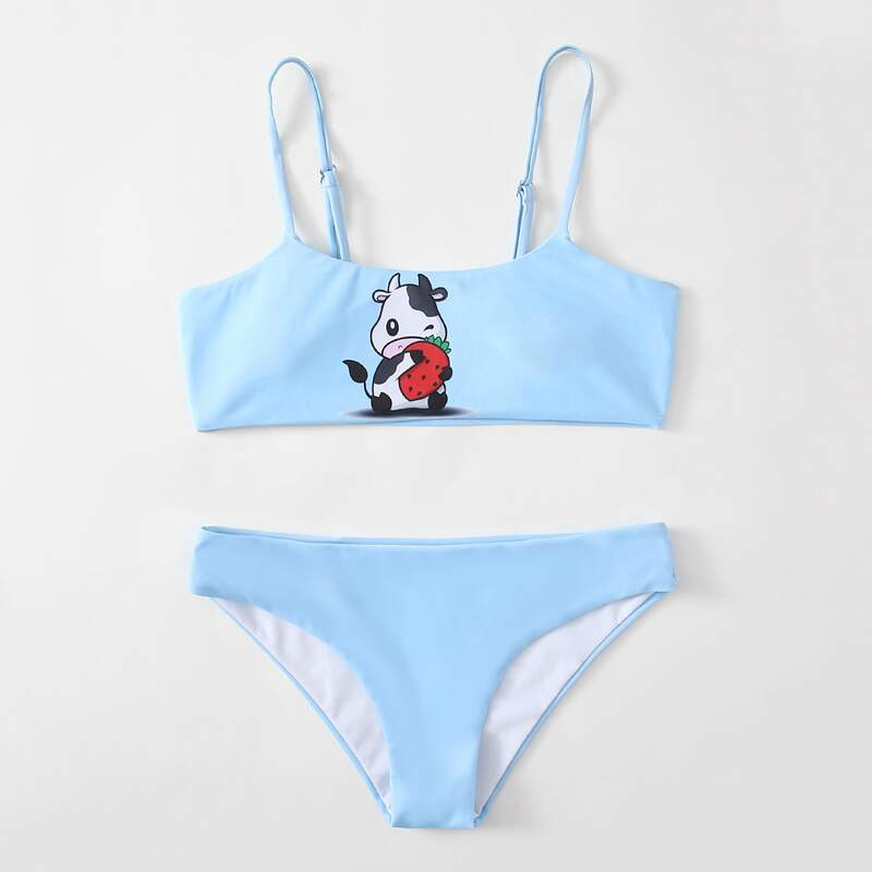 

Cartoon Print Bikini Swimsuit, Baby blue