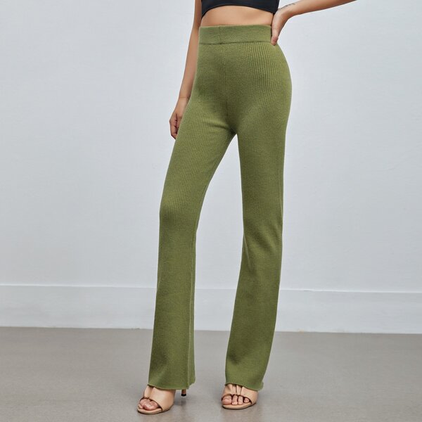 

High Waist Solid Knit Pants, Green