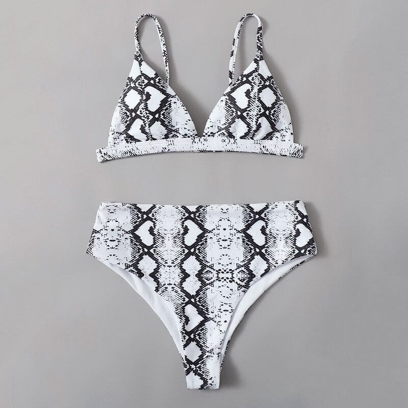 

Snakeskin Print Triangle Bikini Swimsuit, Black and white
