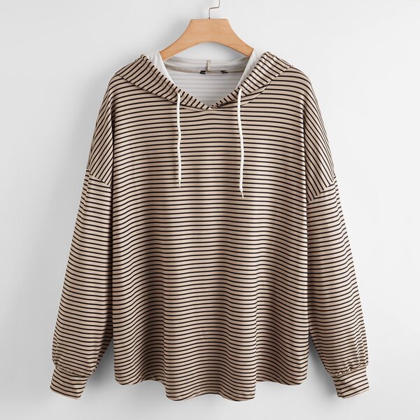 

Plus Striped Drop Shoulder Hoodie, Mocha brown