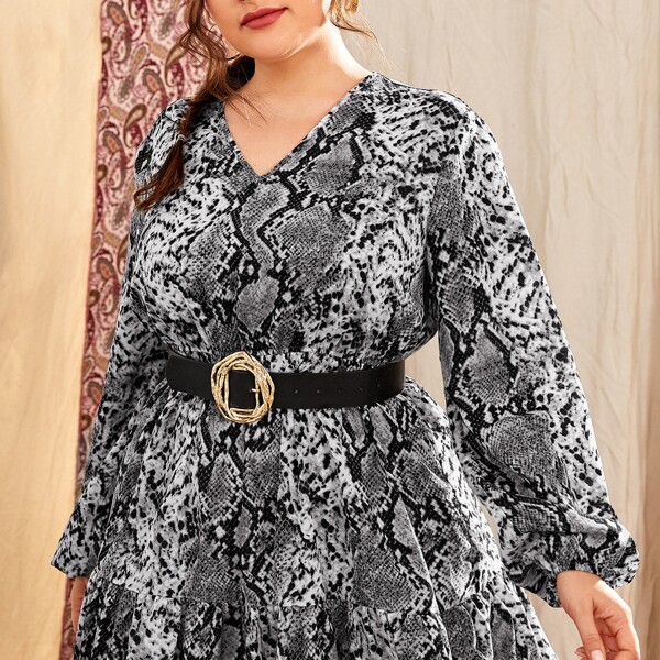 

Plus Snakeskin Print A-line Dress Without Belted, Multicolor