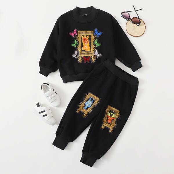 

Toddler Boys Embroidery Patched Sweatshirt & Sweatpants, Black