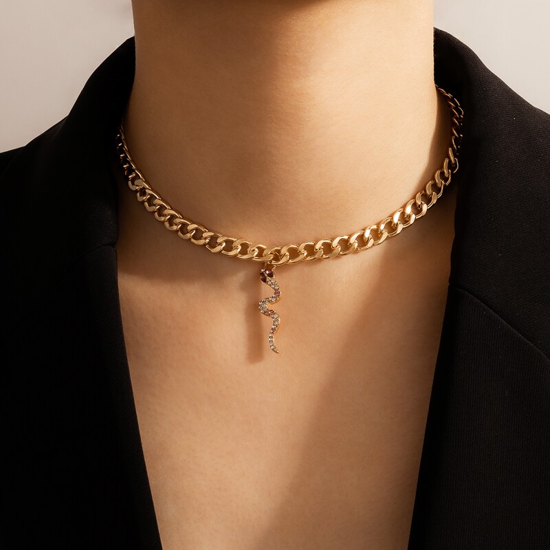 

Rhinestone Snake Charm Choker, Gold