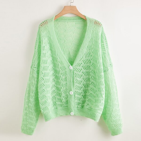 

Plus Solid Pointelle Knit Drop Shoulder Cardigan, Green