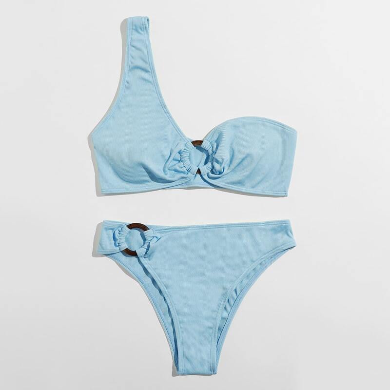 

One Shoulder O-ring Linked Bikini Swimsuit, Baby blue