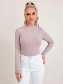 SHEIN EZwear Lettuce Trim Rib-knit Tee - Baby Pink - View 1
