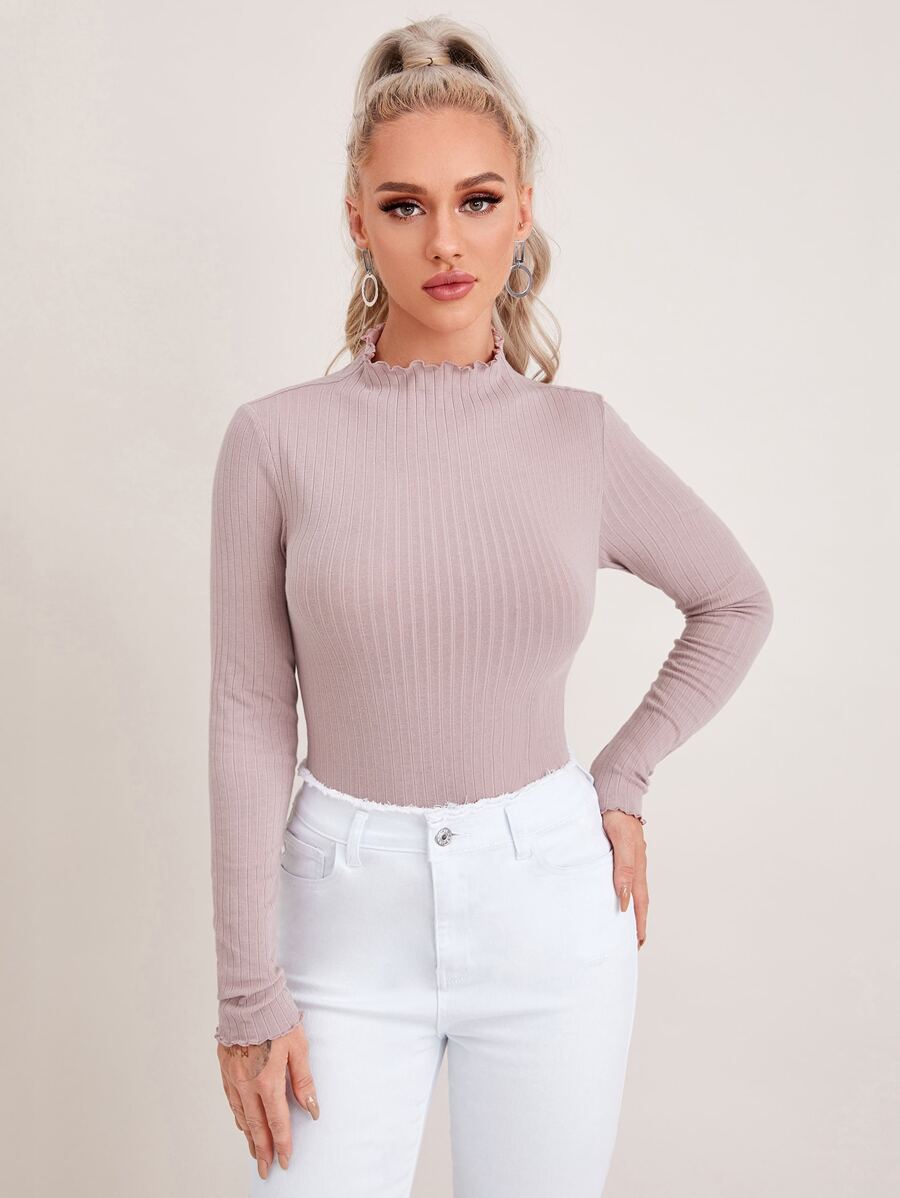 SHEIN EZwear Lettuce Trim Rib-knit Tee - Baby Pink - View 1