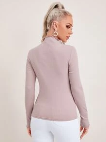 SHEIN EZwear Lettuce Trim Rib-knit Tee - Baby Pink - View 2
