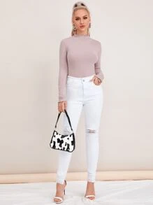 SHEIN EZwear Lettuce Trim Rib-knit Tee - Baby Pink - View 3