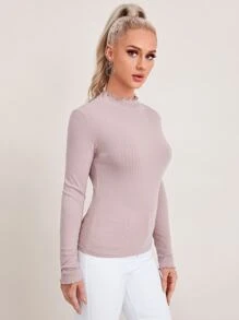 SHEIN EZwear Lettuce Trim Rib-knit Tee - Baby Pink - View 4