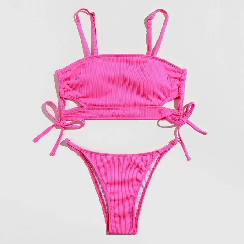 

Solid Cut Out High Cut Bikini Swimsuit, Hot pink