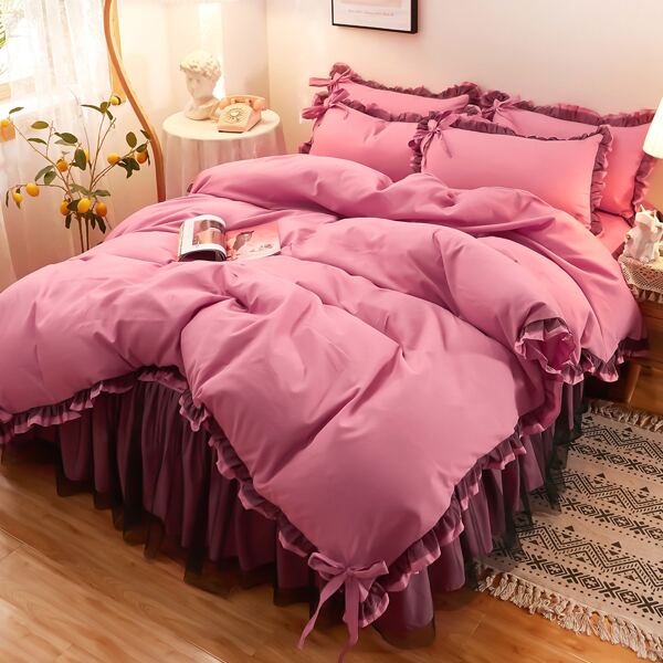 

Ruffle Trim Knot Detail Bedding Set Without Filler, Pink