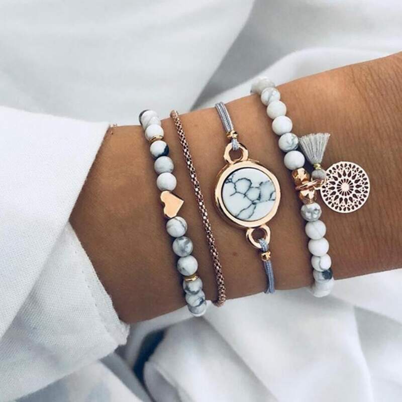 

4pcs Heart & Marble Design Bracelet, Gold