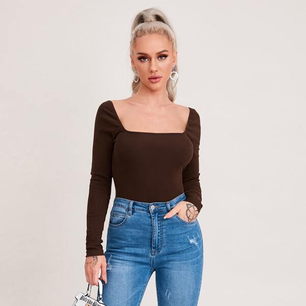 

Square Neck Fitted Tee, Chocolate brown