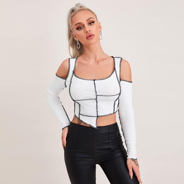 

Cold Shoulder Asymmetrical Hem Contrast Stitch Top, White