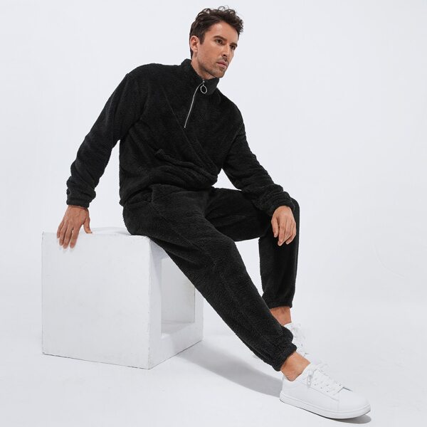 

Men O-ring Zip Half Placket Teddy Sweatshirt & Sweatpants Set, Black
