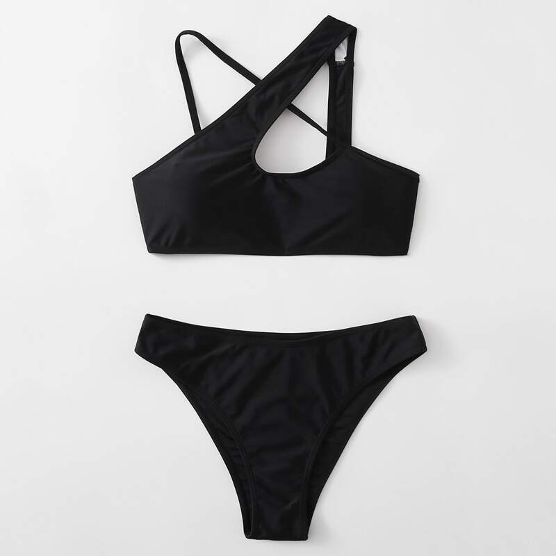 

Solid Asymmetrical Neck Bikini Swimsuit, Black