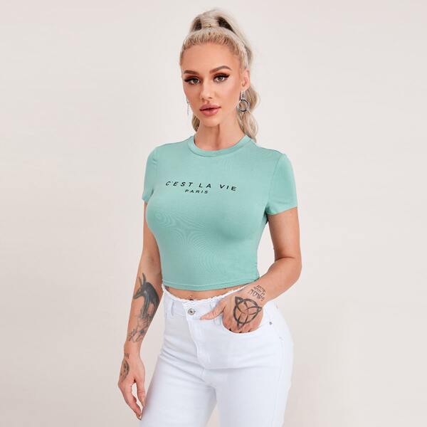 

Slogan Graphic Cropped Tee, Mint green