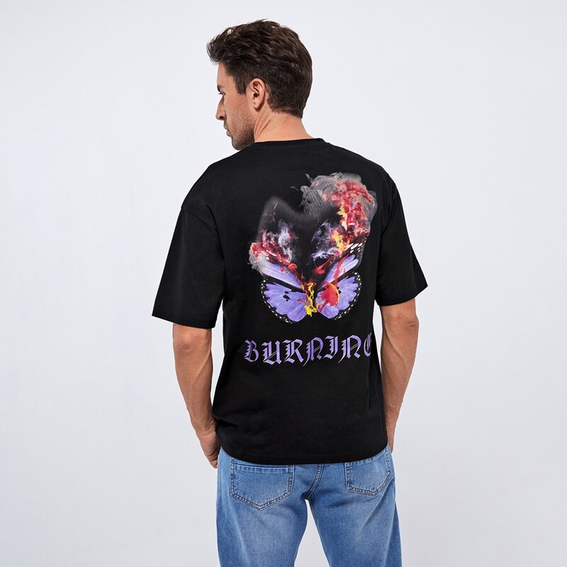 

Men Drop Shoulder Letter & Butterfly Print Tee, Black
