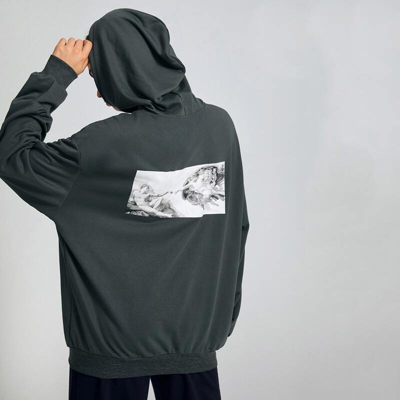 

Graphic Print Oversized Drawstring Hoodie, Dark grey