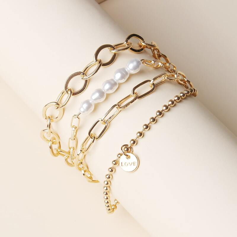 

3pcs Faux Pearl & Letter Design Bracelet, Gold