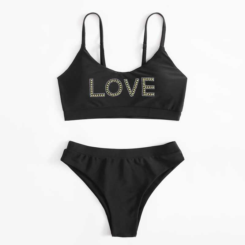 

Letter Rhinestone Bikini Swimsuit, Black