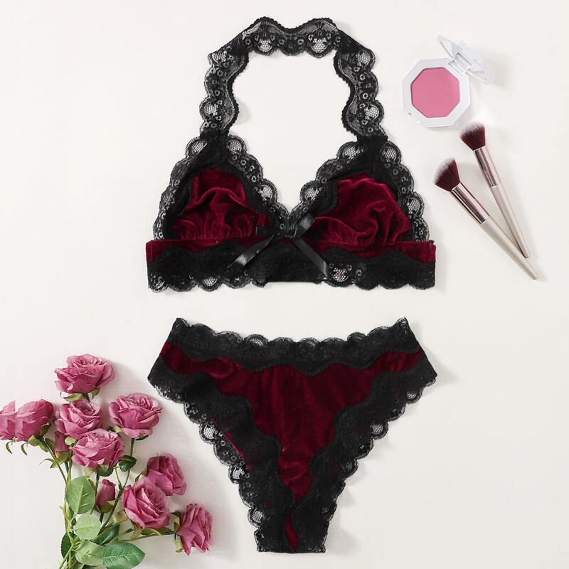 

Contrast Lace Lingerie Set, Burgundy