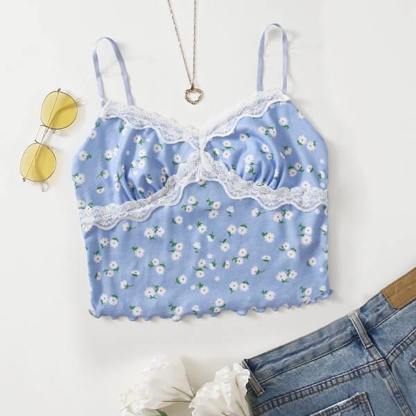 

Lace Trim Ditsy Floral Cami Top, Baby blue