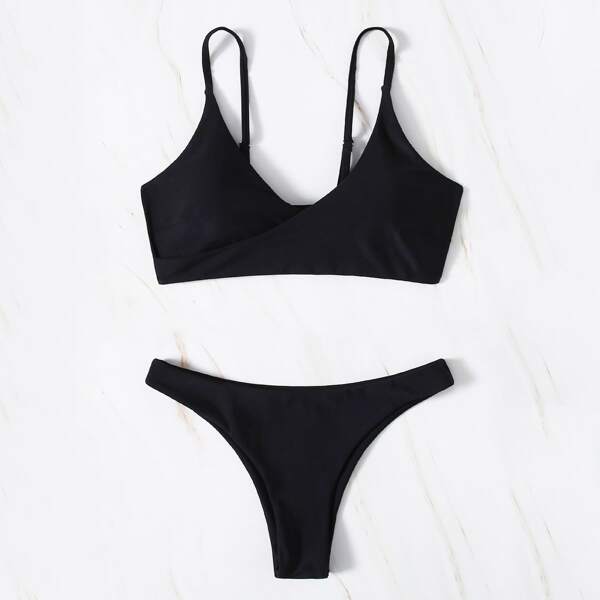 

Plain Surplice Neck Bikini Swimsuit, Black