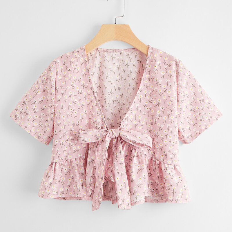 

Ditsy Flower Tie Front Ruffle Hem Crop Top, Baby pink