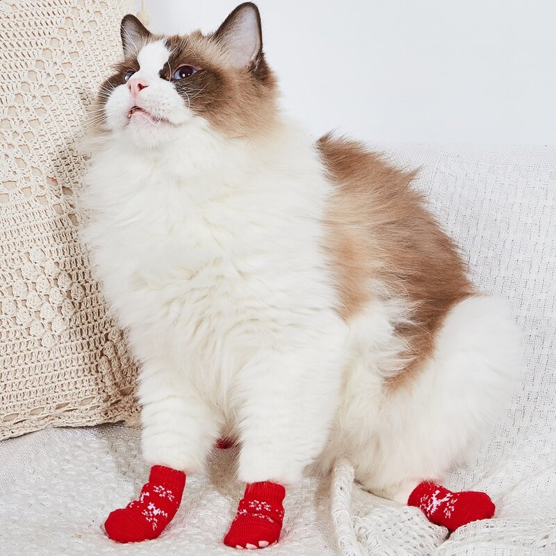 

4pcs Christmas Knitted Cat Sock, Red