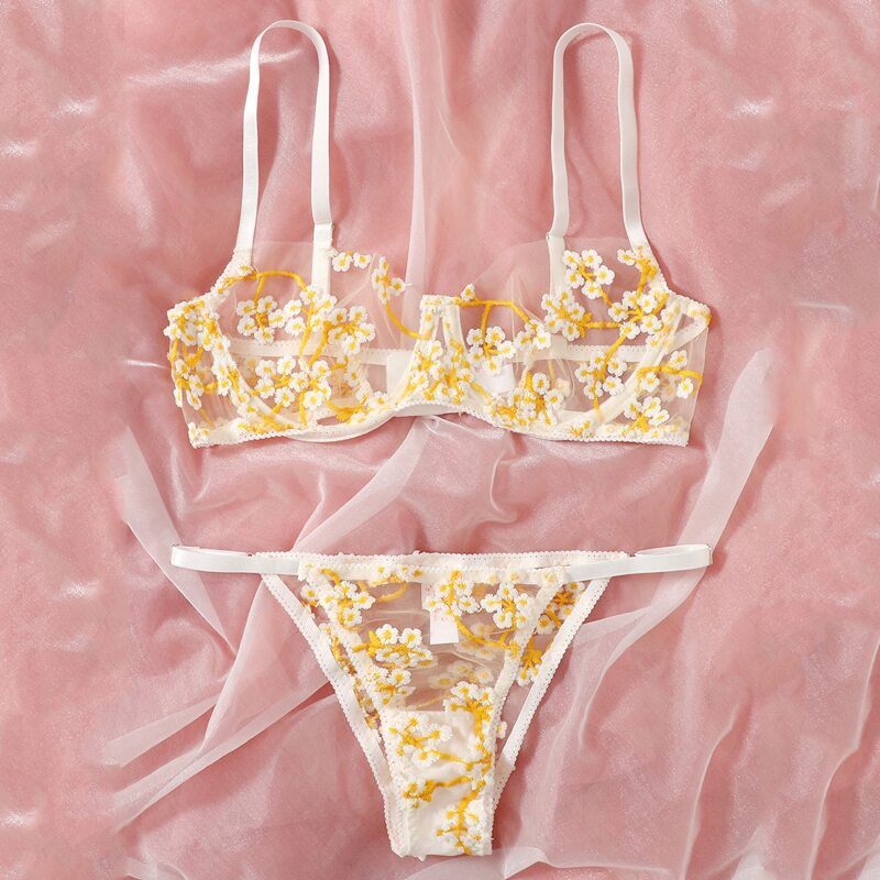 

Mesh Floral Lingerie Set, Yellow