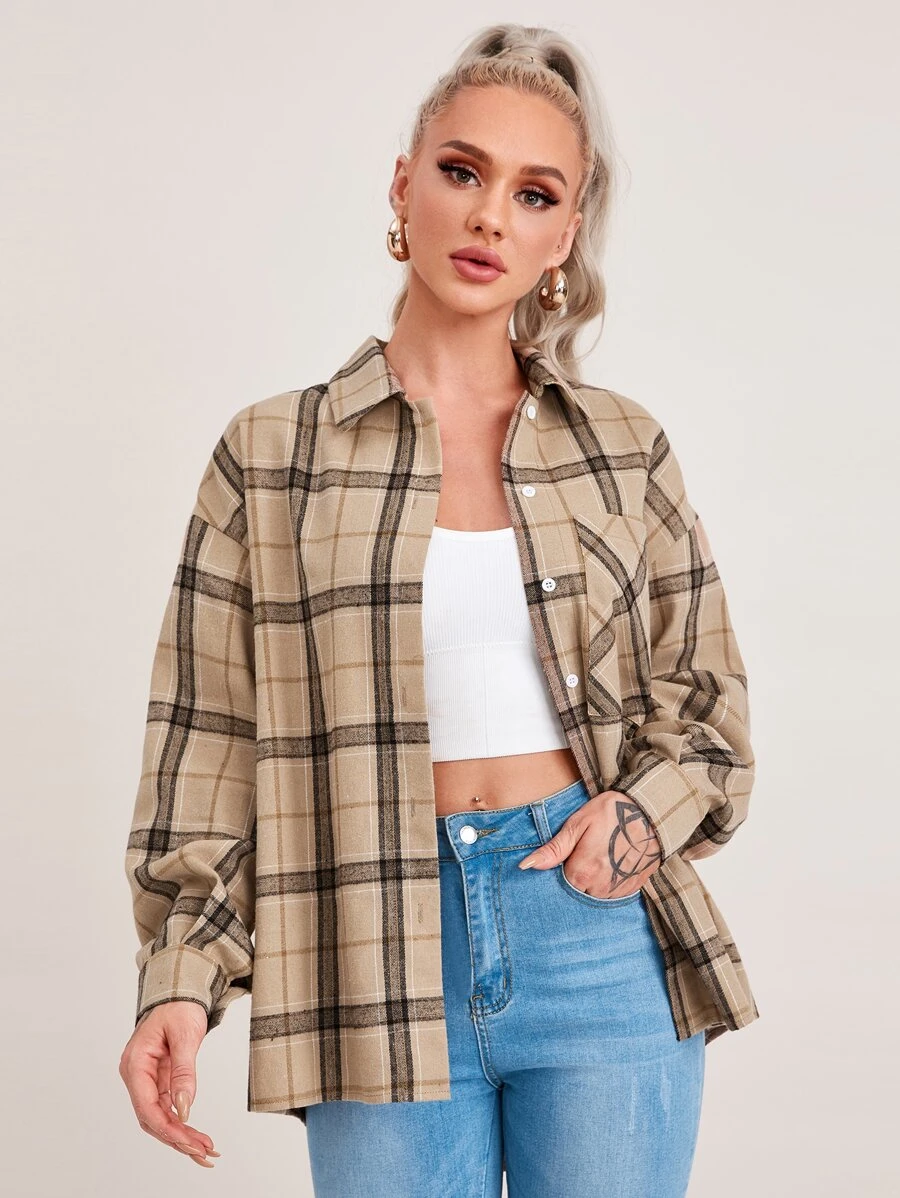 Muchica Drop Shoulder Pocket Front Plaid Shirt