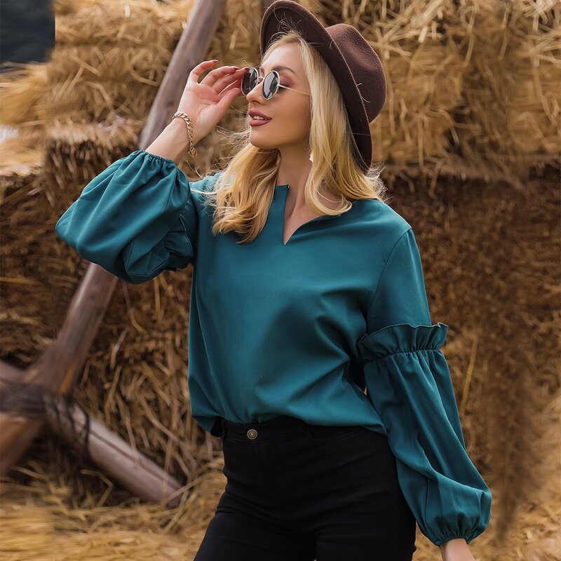 

Ruffle Trim Bishop Sleeve Blouse, Teal blue