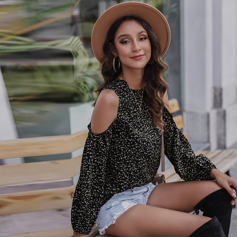 

Allover Print Cold Shoulder Blouse, Black