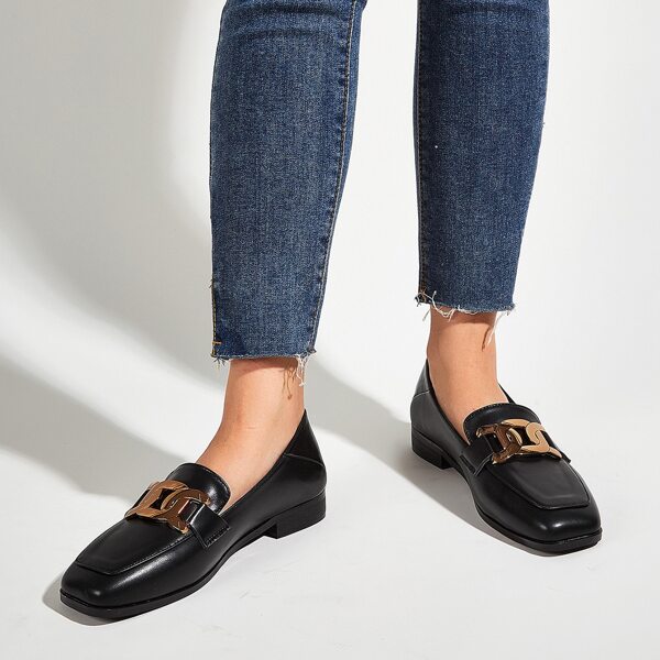 

Square Toe Metal Decor Loafers, Black