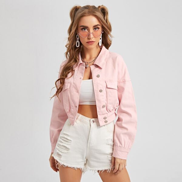 

Drop Shoulder Flap Pocket Button Placket Denim Jacket, Pastel baby pink
