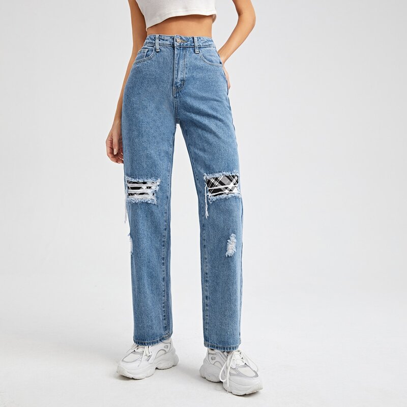 

High Waist Contrast Tartan Ripped Jeans, Light wash
