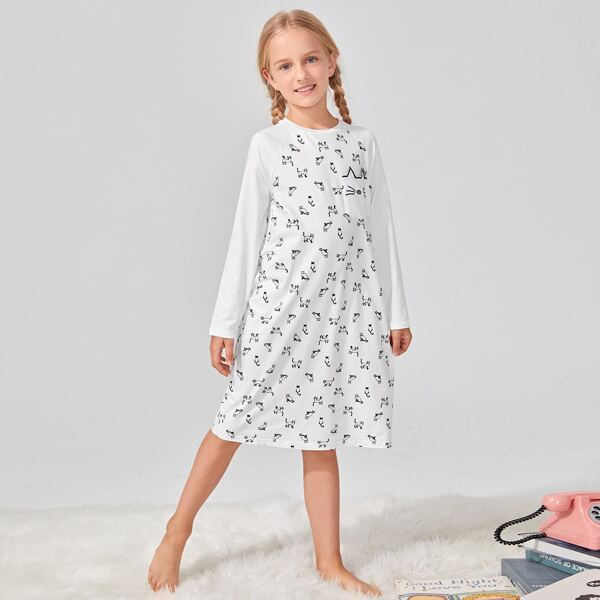 

Girls Cat Print Pocket Patched Nightdress, White