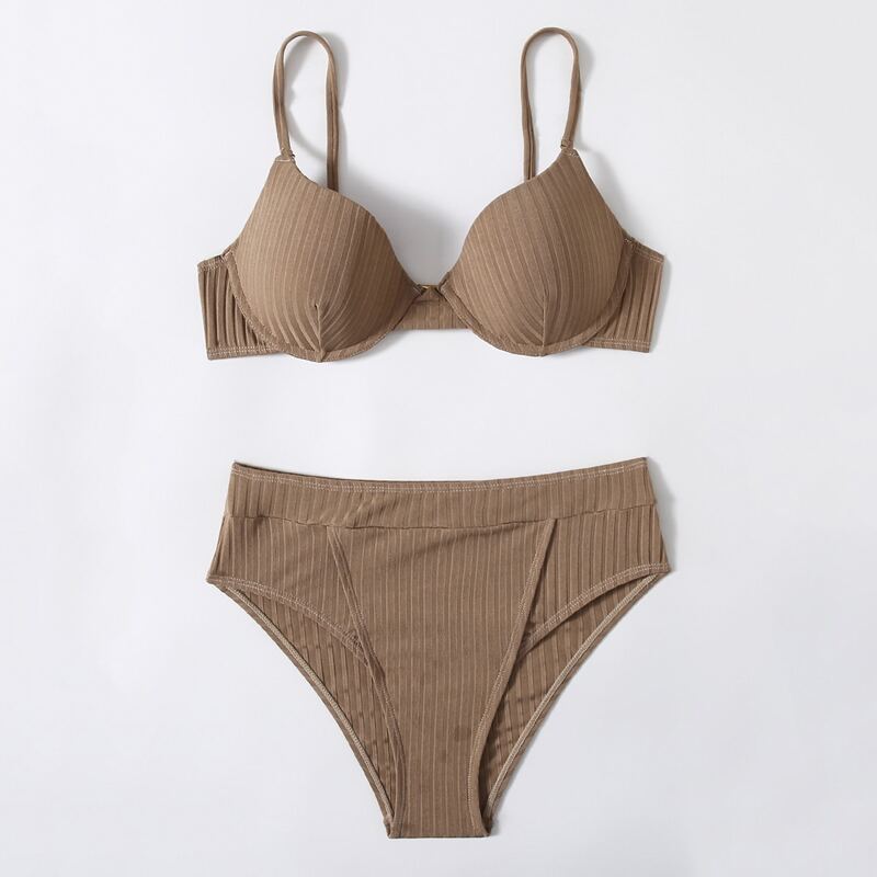 

Solid Rib Underwire Bikini Swimsuit, Brown