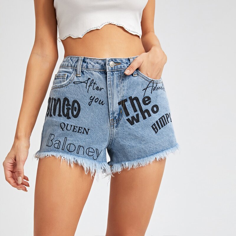 

High Waist Letter Graphic Raw Hem Denim Shorts, Light wash
