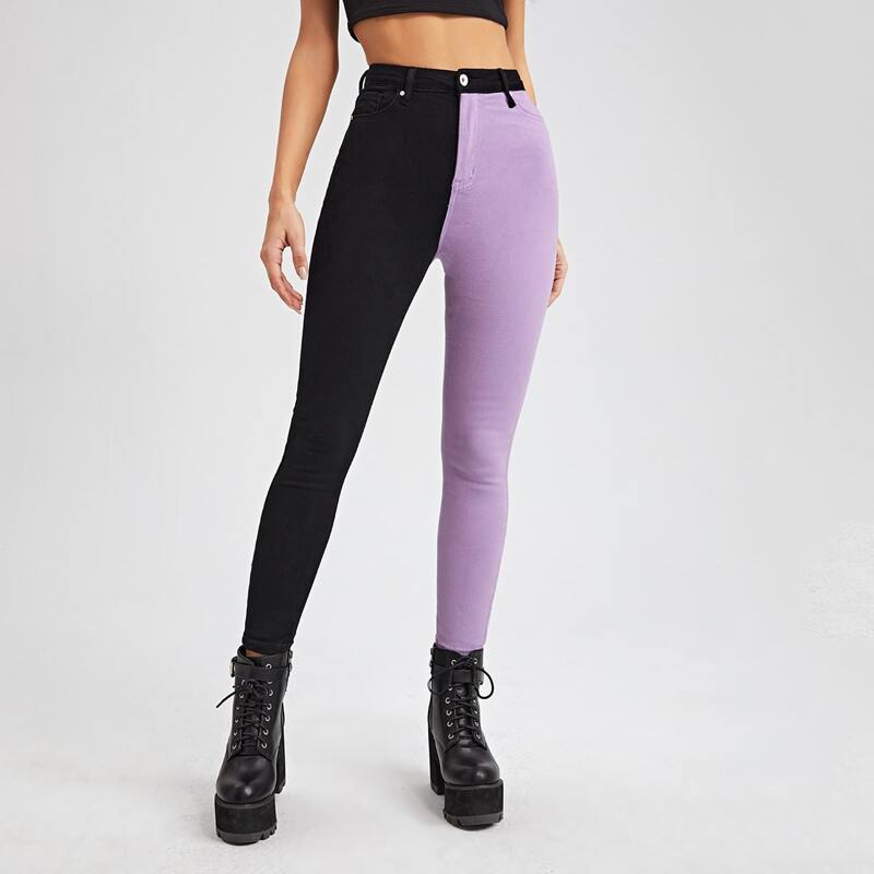 

High Waist Color Block Skinny Jeans, Multicolor