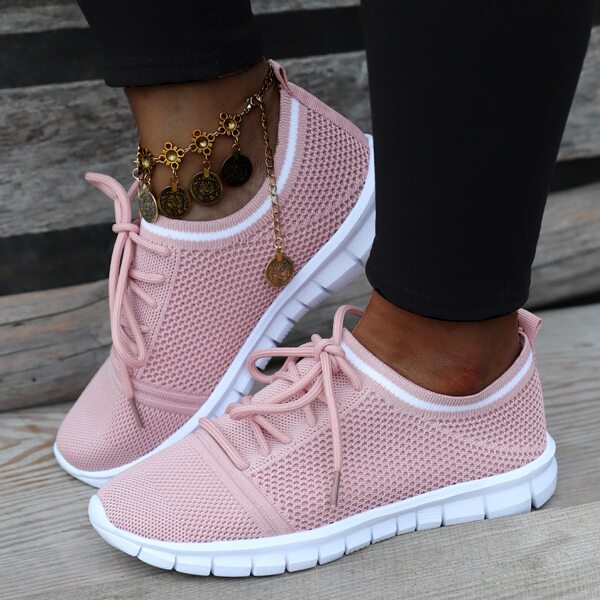 

Lace-up Decor Striped Trim Knit Sneakers, Pink