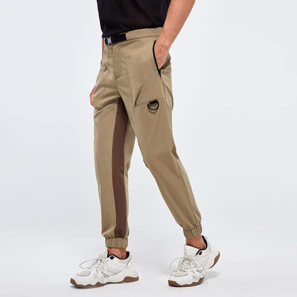 

Men Push Buckle Belt D-ring Detail Contrast Panel Pants, Khaki