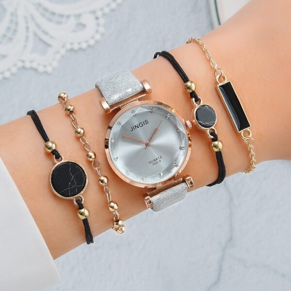 

1pc Rhinestone Decor Dial Watch & 4pcs Bracelet