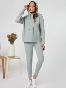 SHEIN Maternity Drop Shoulder Hoodie & Trousers Set - Mint Green - View 4