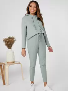 SHEIN Maternity Drop Shoulder Hoodie & Trousers Set - Mint Green - View 5