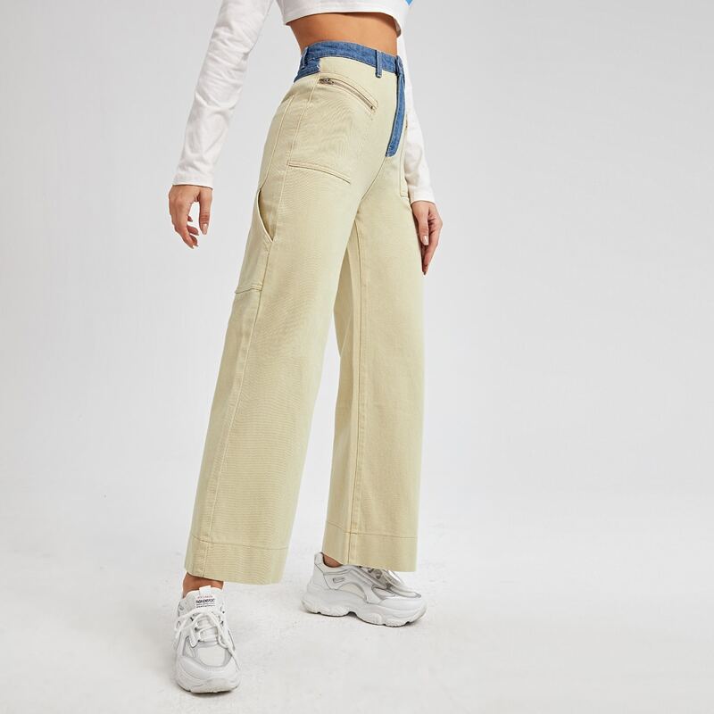 

High Waist Colorblock Wide Leg Jeans, Yellow pastel